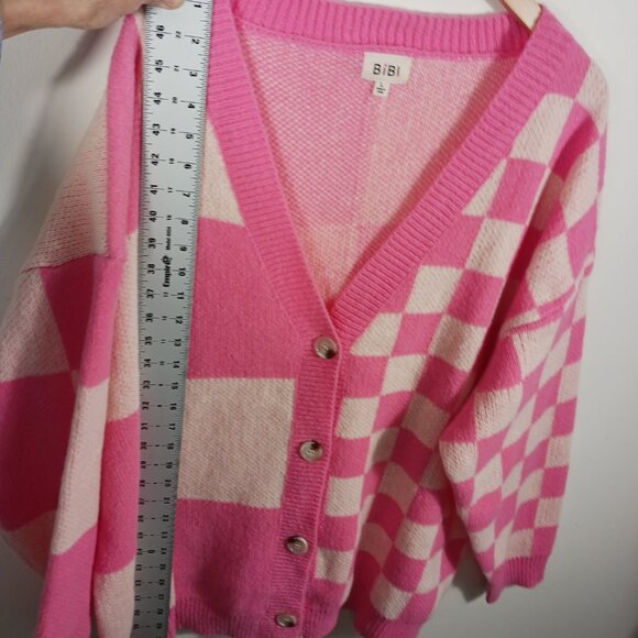 BIBI Pink & Ivory Mixed Checkered Oversized Cardigan Sweater Size LRG, Cozy Chic - Picture 14 of 16